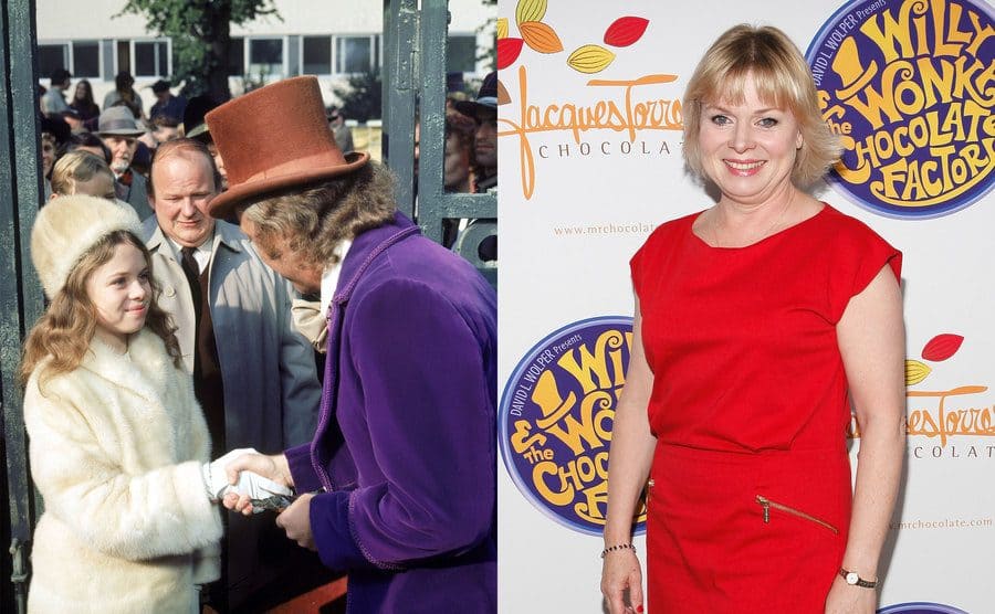 Julie Dawn Cole as Veruca Salt shaking Willy Wonka’s hand at the gate in front of the factory / Julie Dawn Cole on the red carpet today 