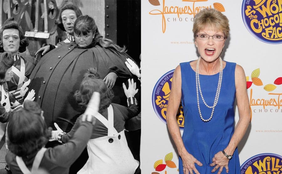 Denise Nickerson blown up like a blueberry being help by Oomps Loompsas to get out of the room / Denise Nickerson on the red carpet today 