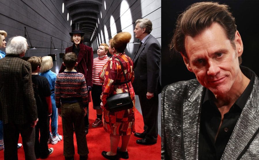 Johnny Depp as Willy Wonka giving the tour in a grey hallway / Jim Carrey on the red carpet 