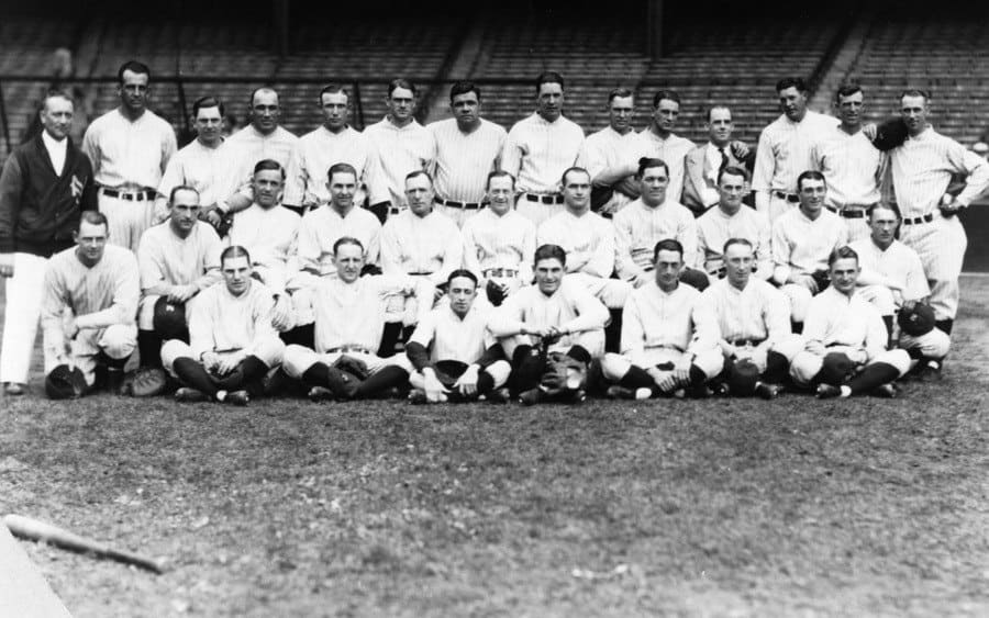 Group portrait of the 1926 New York Yankees baseball team, including Babe Ruth in the center of the back row. 