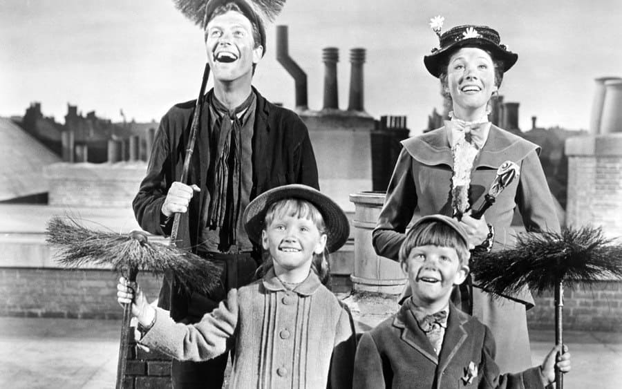 Mary Poppins, 1964. Film Still With Dick Van Dyke As Bert, Julie Andrews As Mary Poppins, Matthew Garber As Michael And Karen Dotrice As Jane.