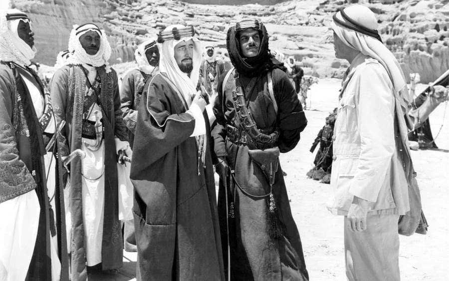 Peter O'Toole as T.E. Lawrence, Omar Sharif as Sherif Ali, Alec Guinness as Prince Feisal