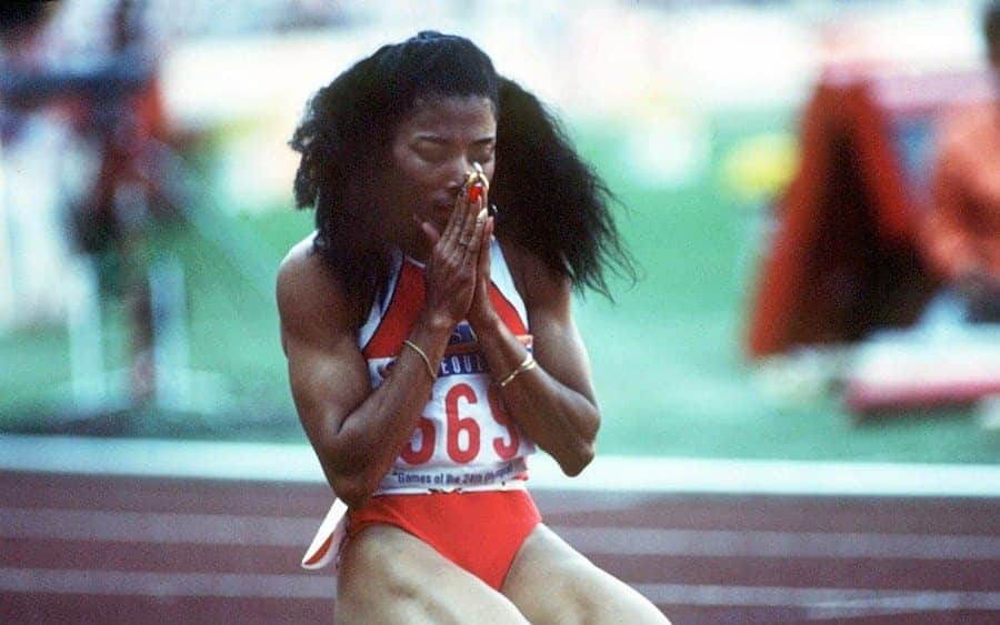 1988 Seoul Olympics - Women's 100m Final The USA's Florence Griffith Joyner after winning the race in the Olympic Stadium Seoul