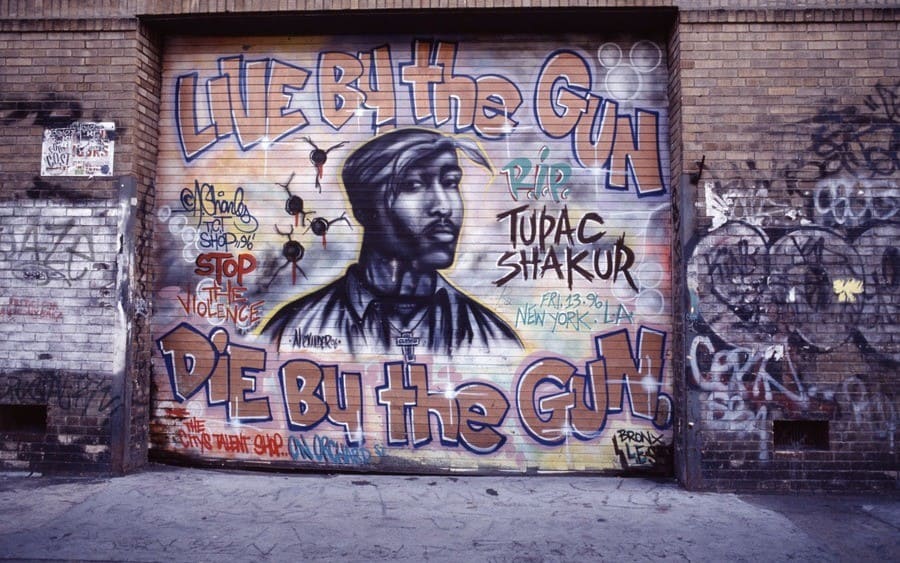 View of a sidewalk mural, 'Live By the Gun, Die By the Gun.'