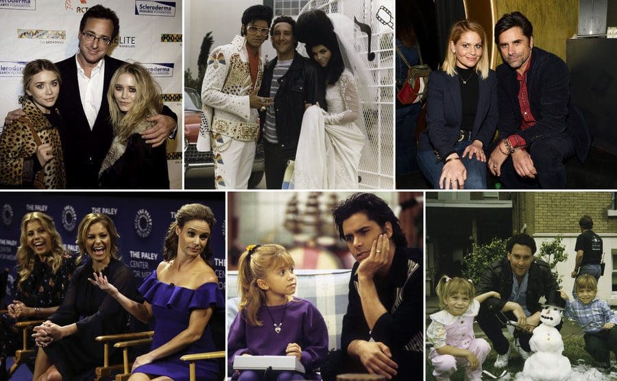 Bob Saget posing with Mary Kate and Ashley Olsen on the red carpet in 2009 / Jesse and Rebecca dressed as Elvis and Priscilla posing with Jeffrey Franklin / Candace Cameron-Bure and John Stamos posing together at an event / Jodie Sweetin, Candace Cameron-Bure and Andrea Barber laughing together at a press conference / An Olsen twin with Jesse sitting on the couch in a scene from Full House / Mary Kate and Ashley Olsen posing with Jeffrey Franklin and a small snowman 
