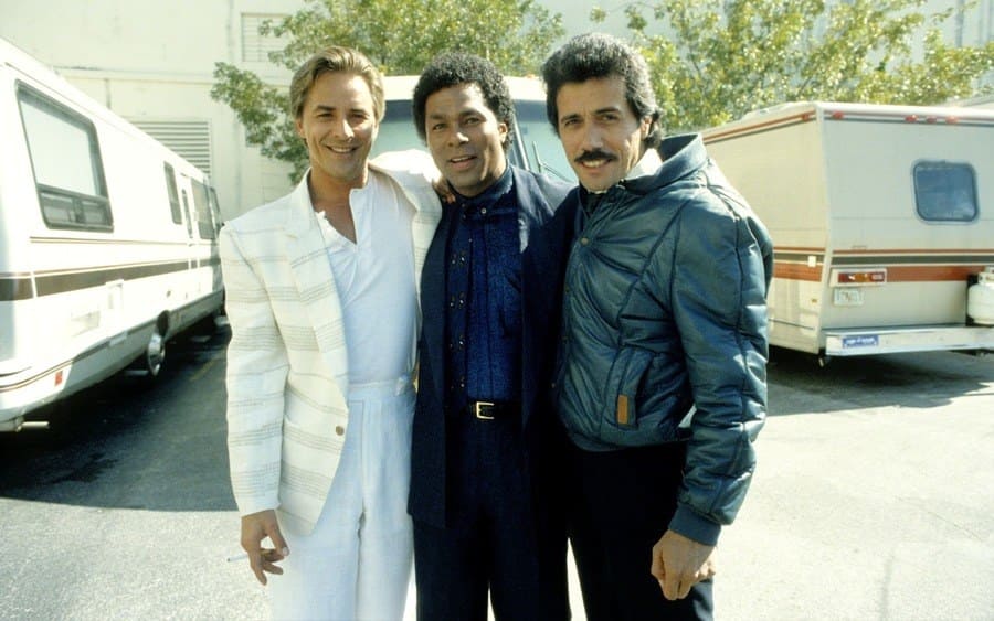 Don Johnson, Philip Michael Thomas, and Edward James Olmos on the TV Show Miami Vice circa 1985 in Miami, Florida.