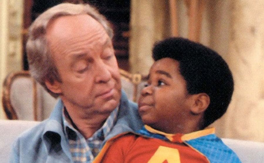 Conrad Bain has Gary Coleman sitting on his lap on the set of ‘Diff’rent Strokes’. 