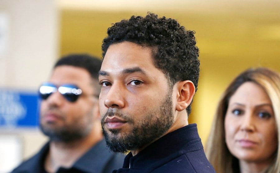 Jussie Smollett talks to the press after his court appearance at Leighton Courthouse.