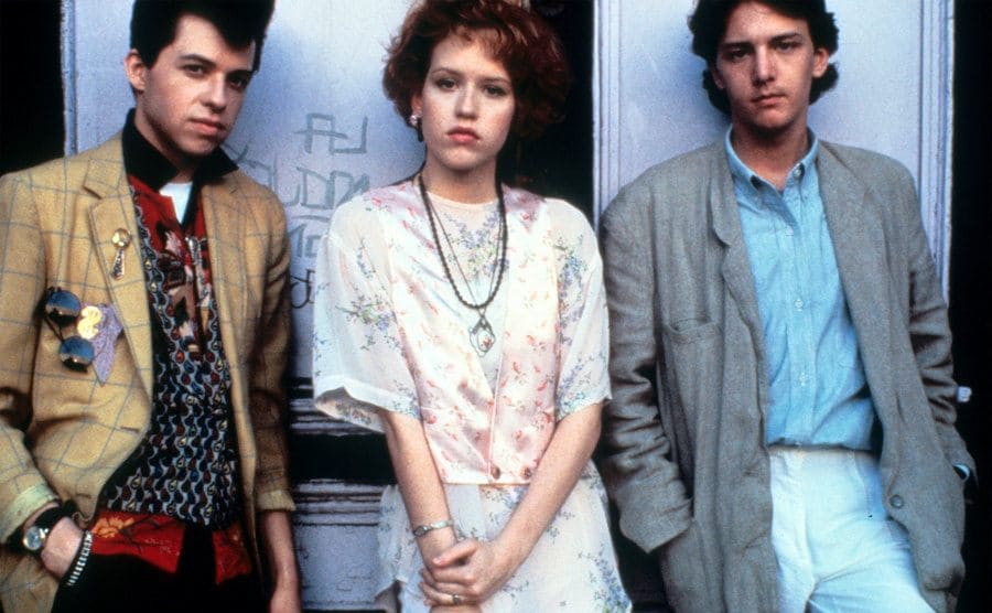 Jon Cryer, Molly Ringwald, and Andrew McCarthy onset of the film 'Pretty In Pink,' 1986.