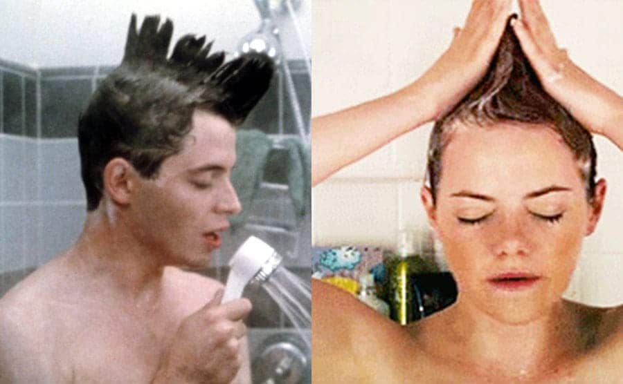 Ferris has styled his hair into a mohawk in the shower / Emma Stone shaped her hair into a mohawk in the show, from the film Easy A. 