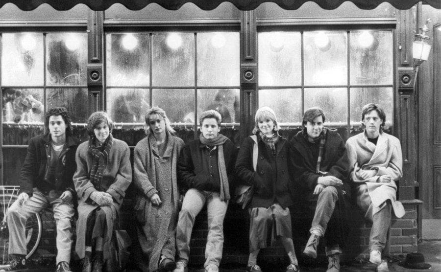 Rob Lowe, Ally Sheedy, Demi Moore, Emilio Estevez, Mare Winningham, Judd Nelson, and Andrew McCarthy on the set of St Elmo’s Fire.