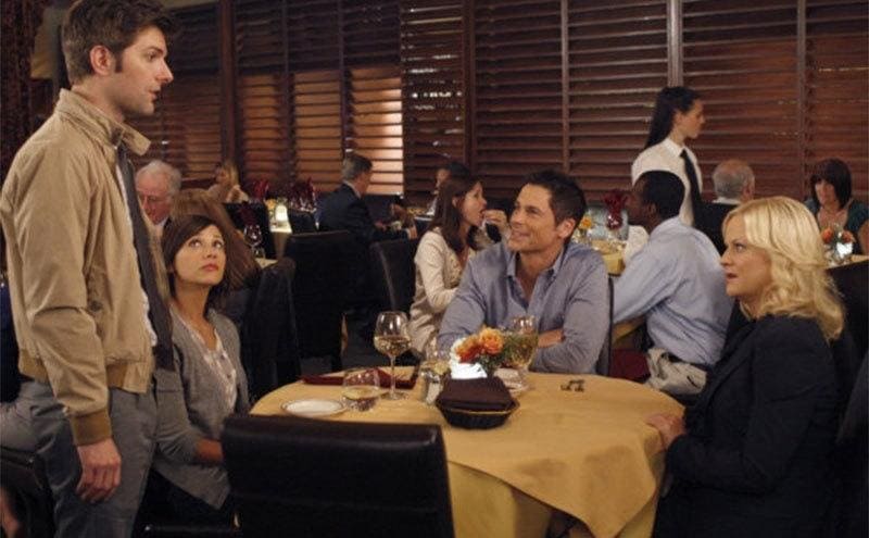 Adam Scott, Reshida Jones, Rob Lowe, and Amy Poehler in a still from Parks and Recreation. 