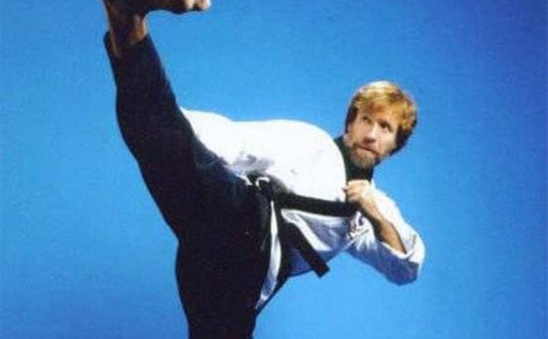 Chuck Norris shows his karate skills in a studio shot. 