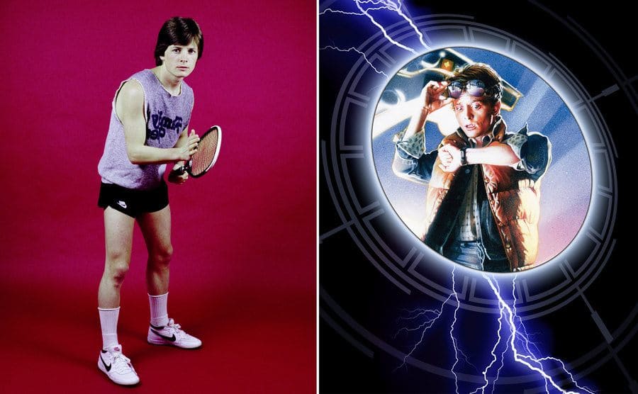 Michael J. Fox plays tennis in a promo shot for Family Ties/ Michael J. Fox in Back to the Future promotional art.