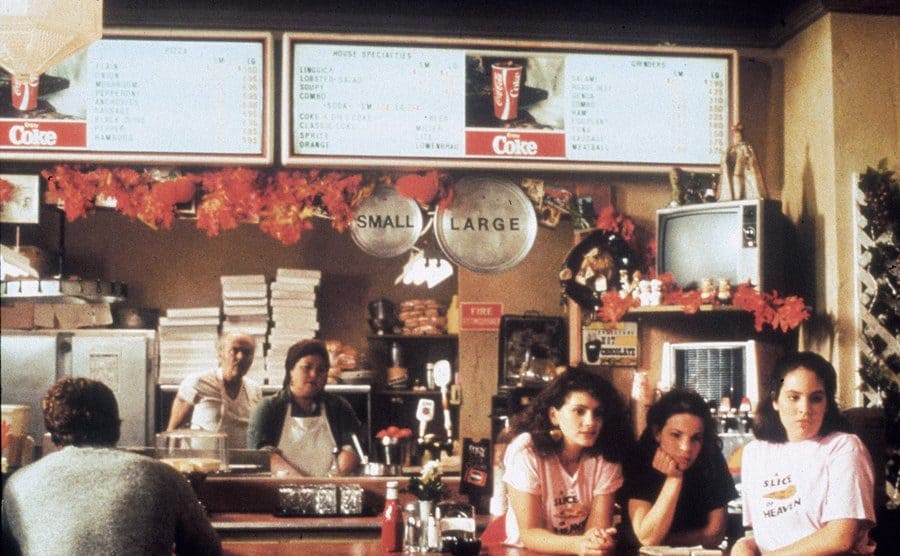 The three female leads on the set of Mystic Pizza. 
