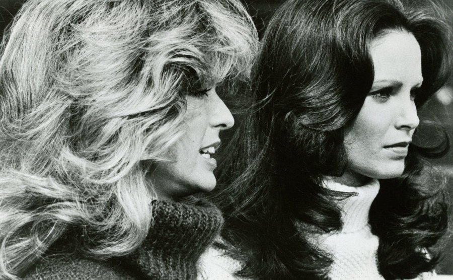 Farrah Fawcett and Kate Jackson on the set of Charlie’s Angels. 