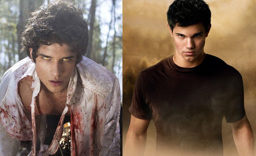Taylor Posey with a torn shirt staring at the camera / Taylor Lautner posing in a black shirt.