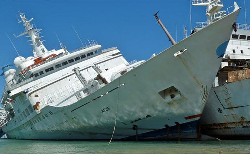 The Love Boat vessel tilted sideways. 