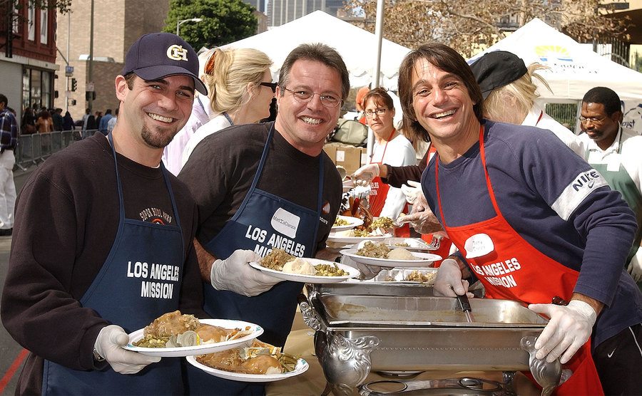 Tony Danza, son Marc & brother Matt during Los Angeles Mission Thanksgiving Meal for the Homeless.