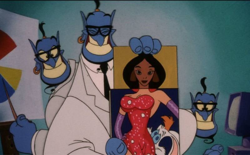 Genie holds up a cardboard cutout of Jessica Rabbit’s body in a still from Aladdin and the King of Thieves. 