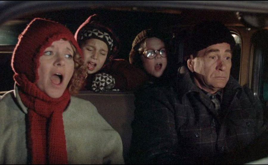 The Parker Family are driving in the car in a scene from A Christmas Story 