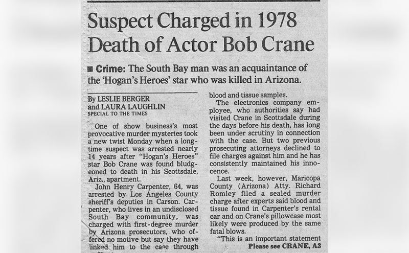 A newspaper clipping on Bob Crane’s death.