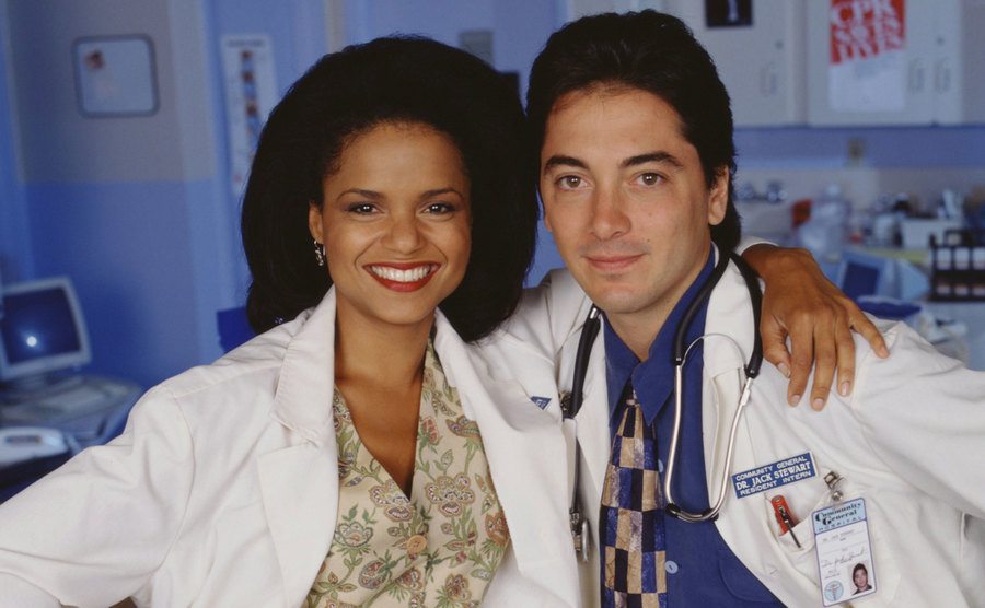 Scott Baio and Victoria Rowell on the set of Diagnosis: Murder. 