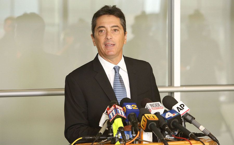 Scott Baio attends a news conference to discuss harassment allegations.