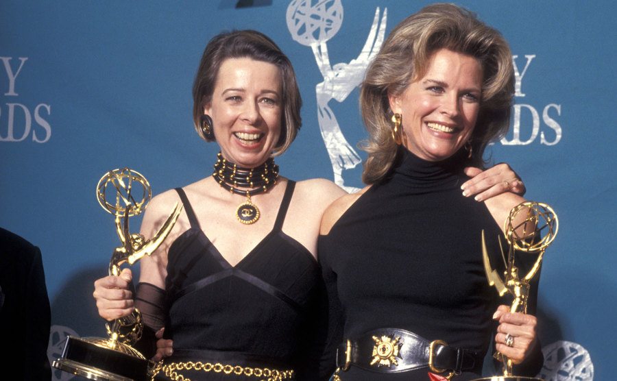 Diane English and Candice Bergen pose with their Emmy Awards 