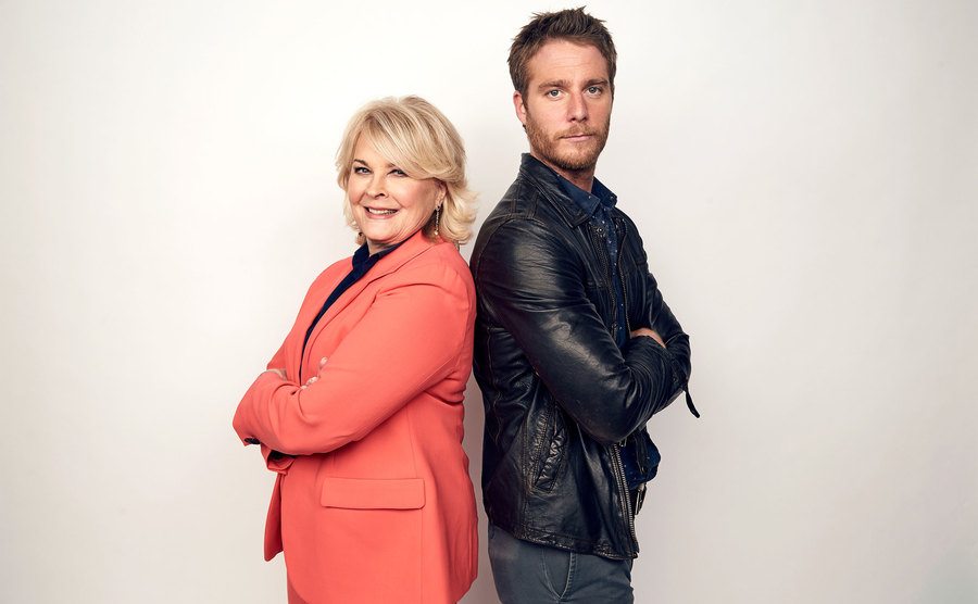 Candice Bergen and Jake McDorman of 'Murphy Brown' pose back to back 