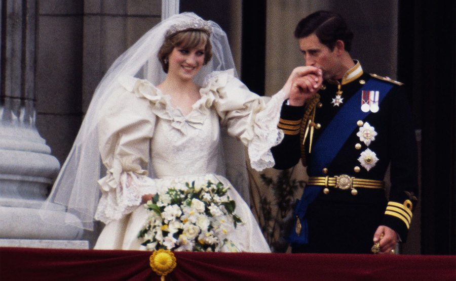 The Prince and Princess of Wales on the balcony of Buckingham Palace on their wedding day. 