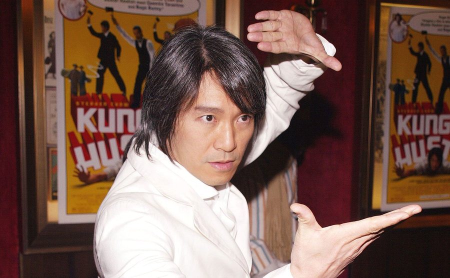 Stephen Chow makes a kung-fu pose for the press.