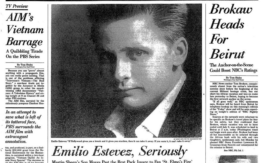 Emilio Estevez in a newspaper clipping.