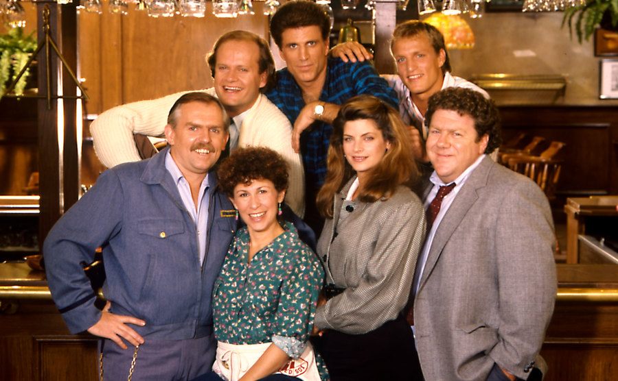 Alley and the cast of Cheers in a still from the show.