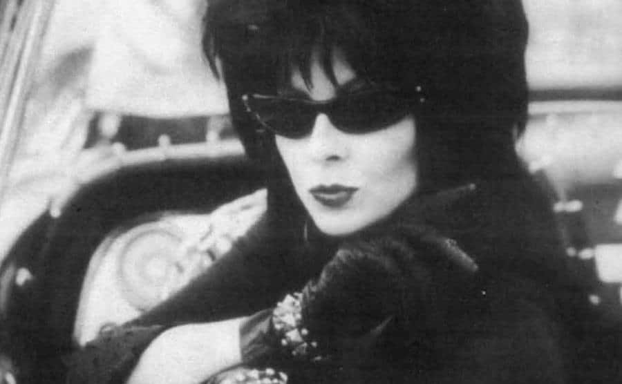 A portrait of Cassandra Peterson in character as Elvira.