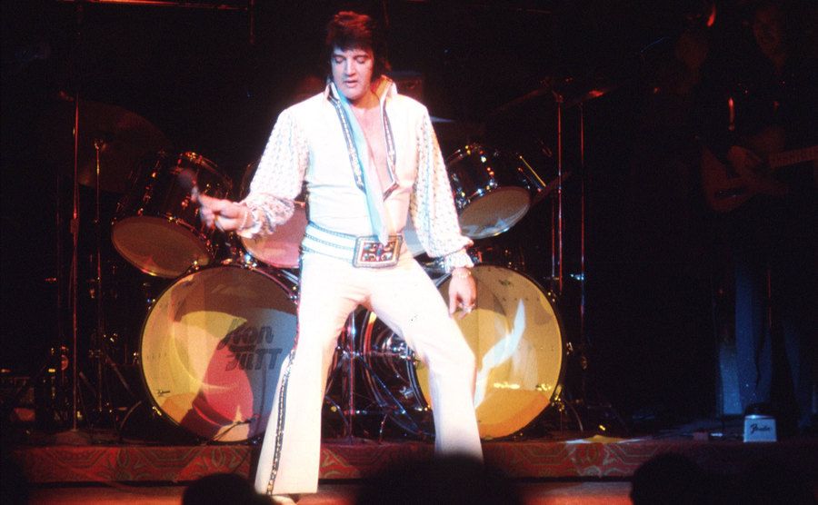 A photo of Elvis Presley in Las Vegas during a concert.