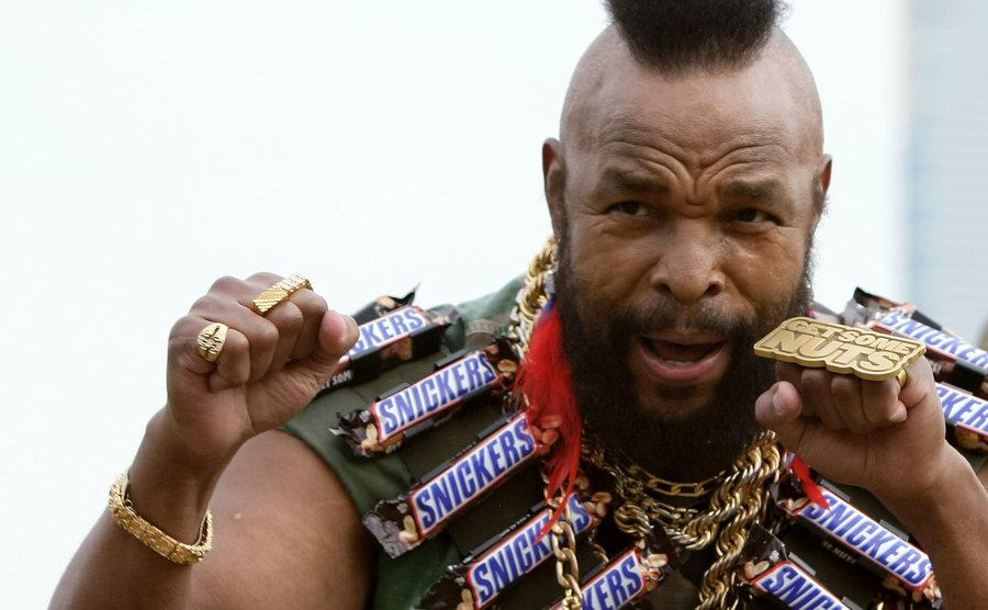 Mr. T plays up to the media during a promotional tour for Snickers.