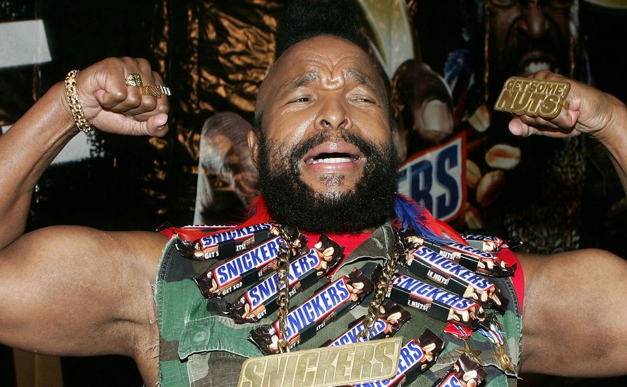 Mr. T poses for a photo during a promotional tour for Snickers.