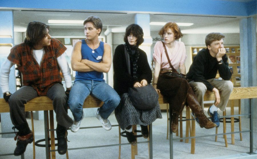 Judd Nelson, Ally Sheedy, Emilio Estevez, Molly Ringwald, and Anthony Michael Hall are in a scene from the film.