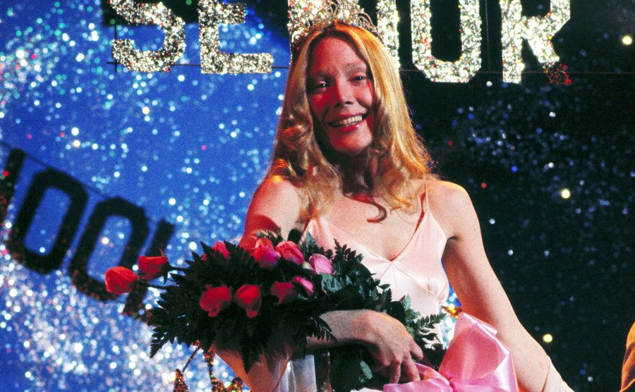 A movie still of Sissy Spacek when she gets elected prom queen.