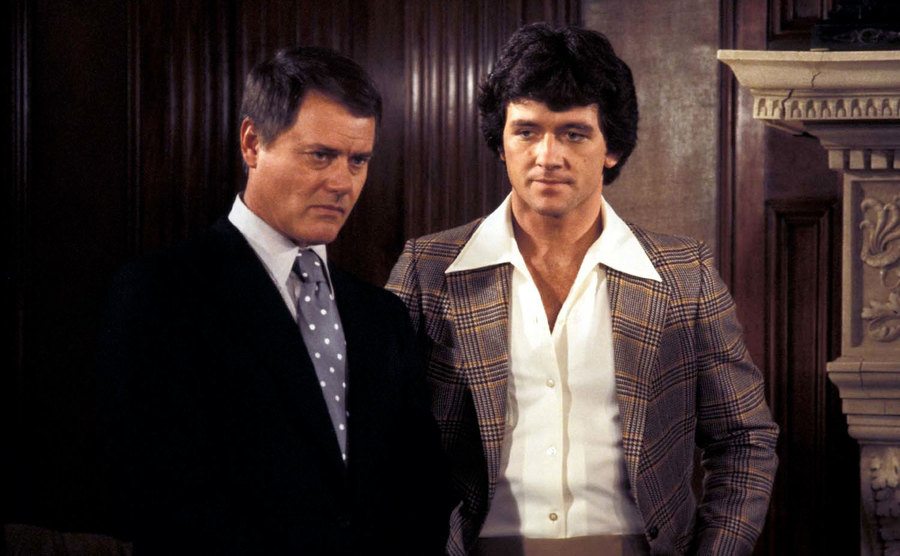 Hagman and Duffy in a still from Dallas. 