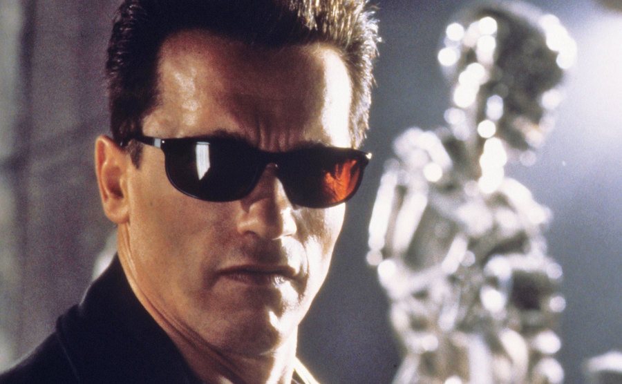 A promotional still of Arnold in Terminator 2: Judgement Day.
