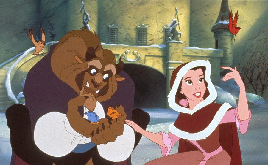 Belle and the Beast play with the birds. 