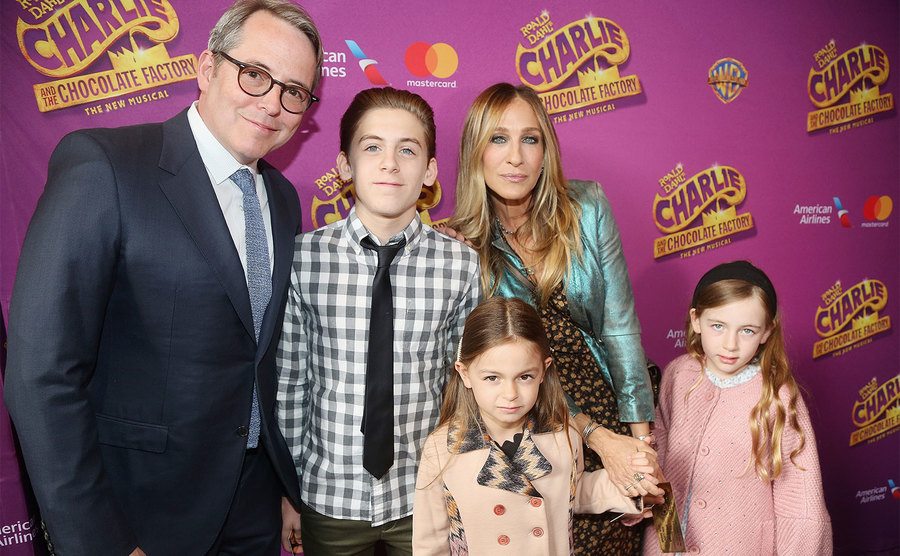 Matthew Broderick, James Wilkie Broderick, Tabitha Hodge Broderick, Sarah Jessica Parker and Marion Loretta Broderick pose at a preimiere. 