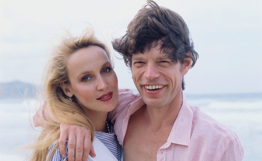 Mick Jagger and girlfriend Jerry Hall on the beach in Barbados. 