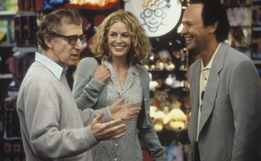 Woody Allen, Elisabeth Shue, and Billy Crystal on the set of Deconstructing Harry. 
